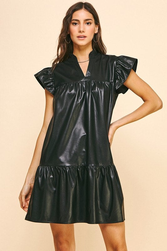Black Frill & Flare Faux Leather Dress | Schell Bell Boutique