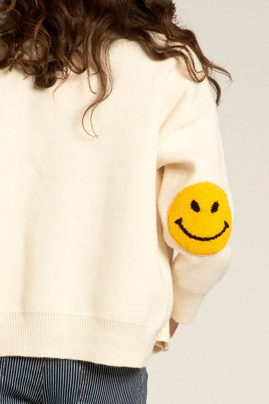 Ivory Cardigan with Smiley Face Elbow Patches | Schell Bell Boutique