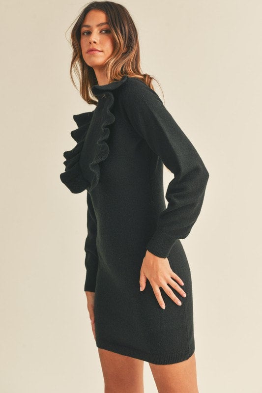 ruffle sweater dress Judith Hem elegant funnel neckline Timeless Ruffle Sleeve Sweater Dress