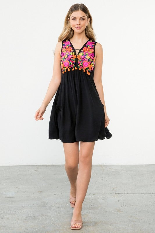 thml black embroidered dress THML Puff Sleeve Embroidery Detail Suede Dress M