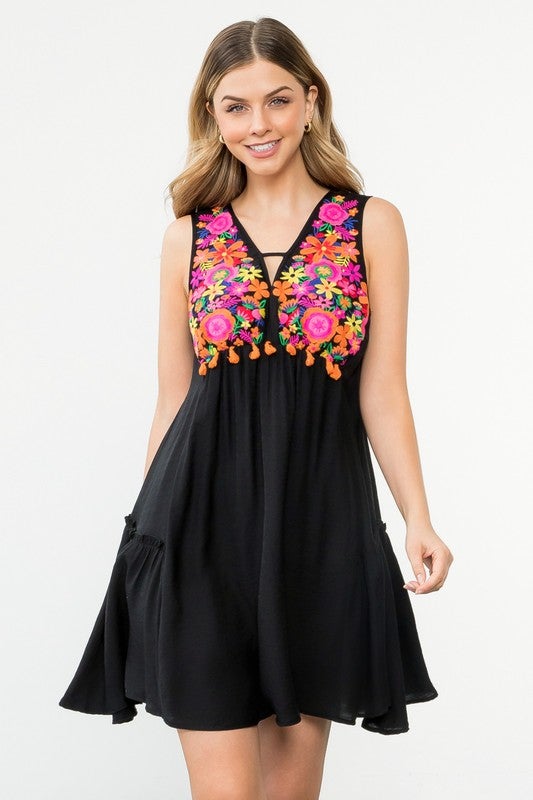 thml black embroidered dress THML Embroidered Puff Sleeve Black Dress Aggieland Outfitters