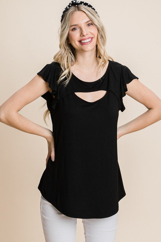Black Cut Out Top with Flutter Sleeves Schell Bell Boutique