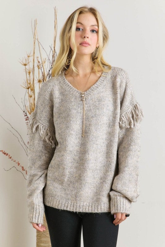 Taupe Fringe Two Tone Sweater Schell Bell Boutique