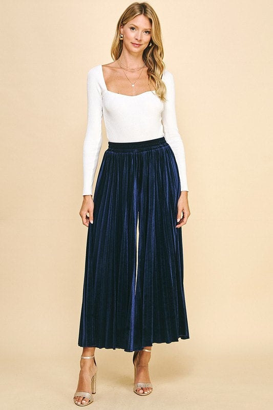 Mignight Blue Velvet Pleated Pants Schell Bell Boutique