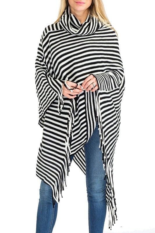 Black/White Striped Knit Poncho Schell Bell Boutique