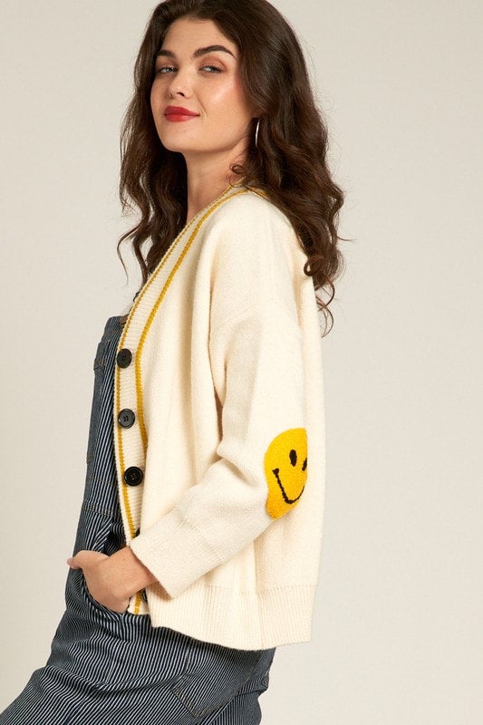 Ivory Cardigan with Smiley Face Elbow Patches