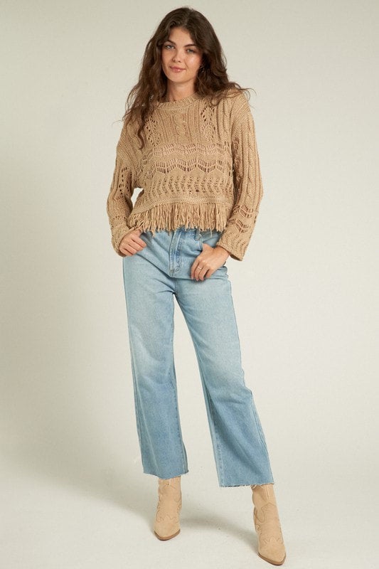 Mocha Crochet Fringe Sweater Schell Bell Boutique