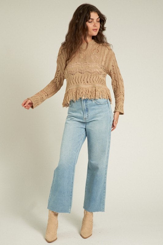 Mocha Crochet Fringe Sweater Schell Bell Boutique