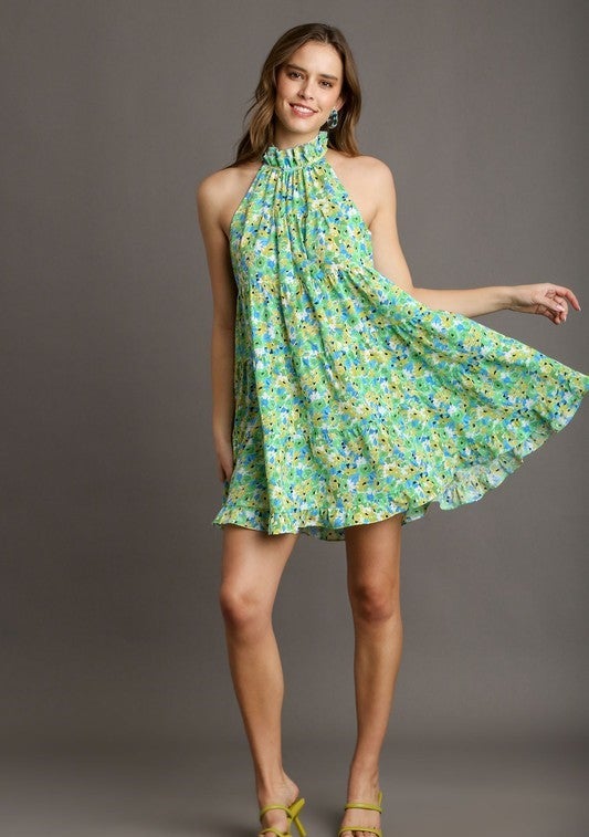 Lime Floral Print Halter Tiered Dress Schell Bell Boutique