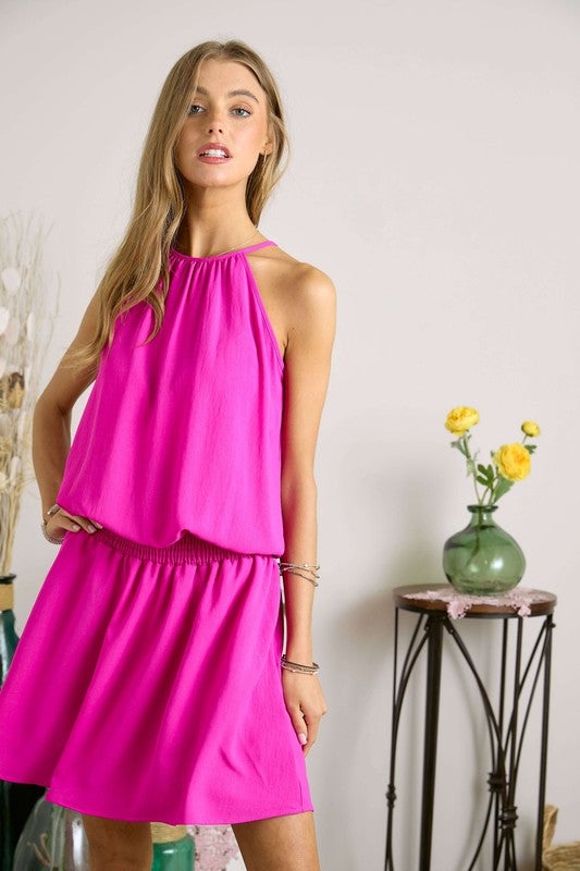 Hot Pink Halter Neck Smocked Waist Dress Schell Bell Boutique