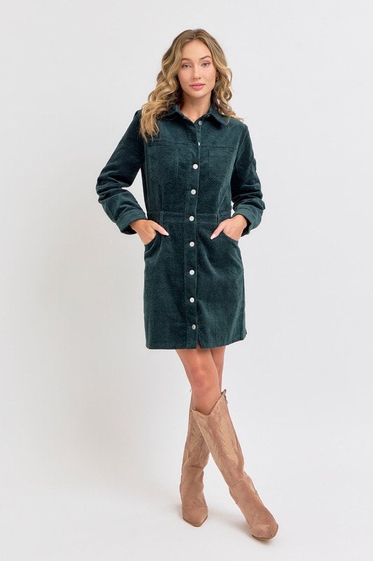 Hunter Green Long Sleeve Corduroy Dress